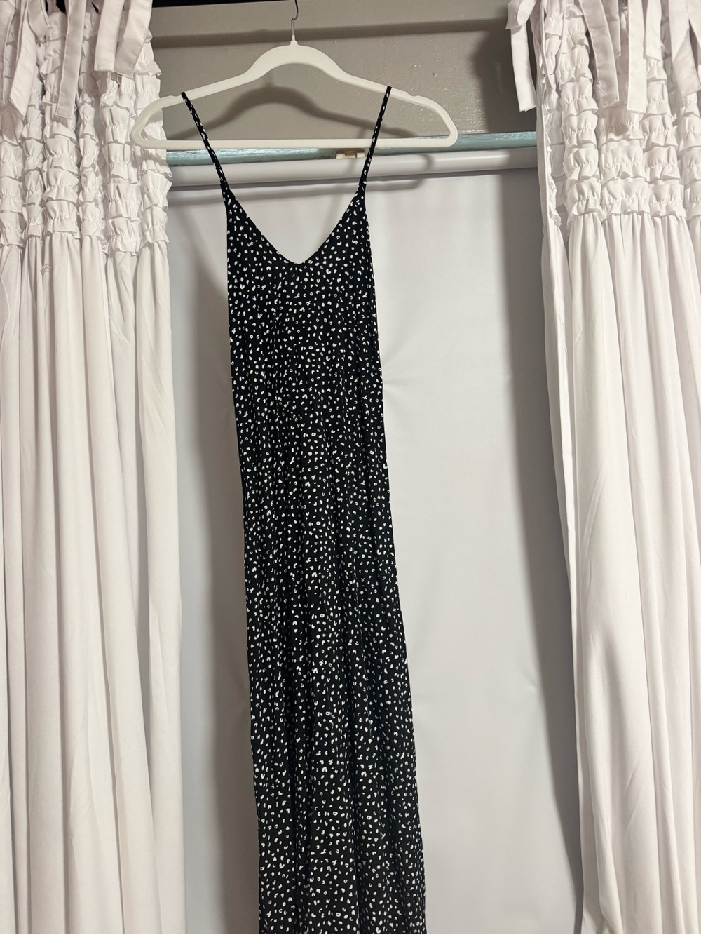 Old Navy Black Maxi Dress with White Dot Print Criss Cross Back